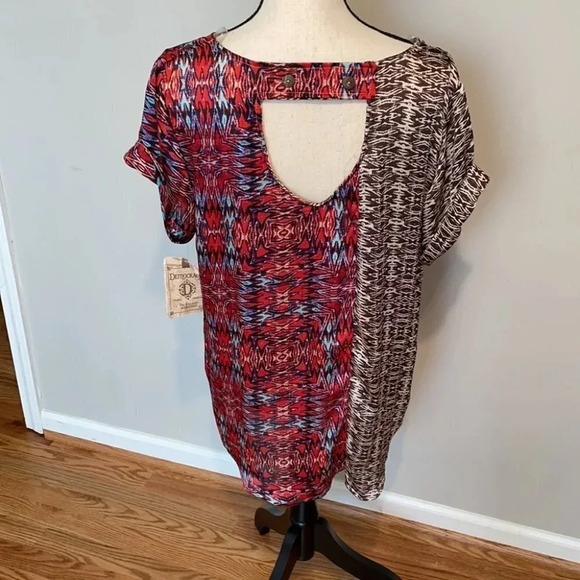 Democracy High Low Top Tunic Blouse Red Turquoise - Picture 3 of 6